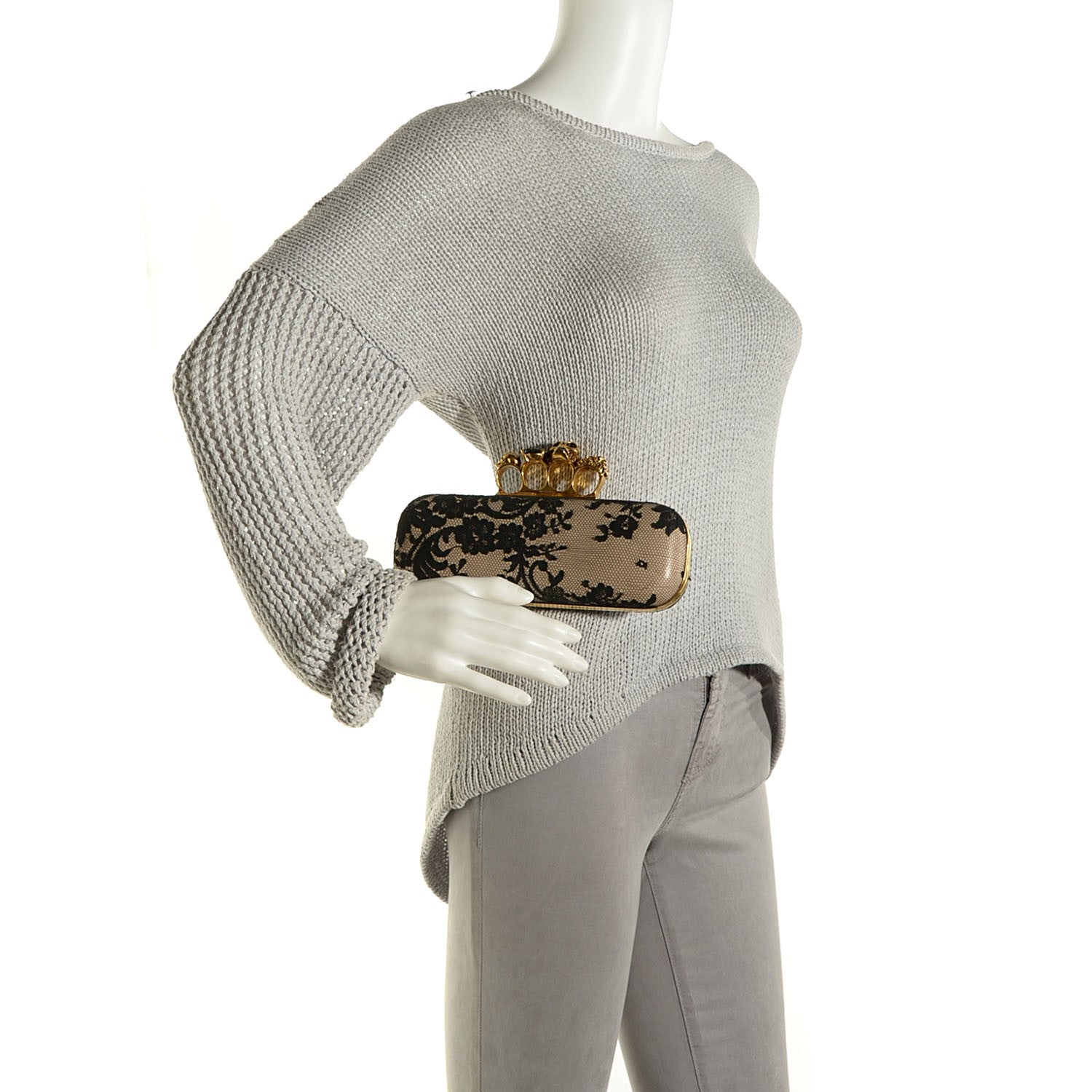 Alexander McQueen Lace Knuckle Duster Clutch Black Beige 2 of 8