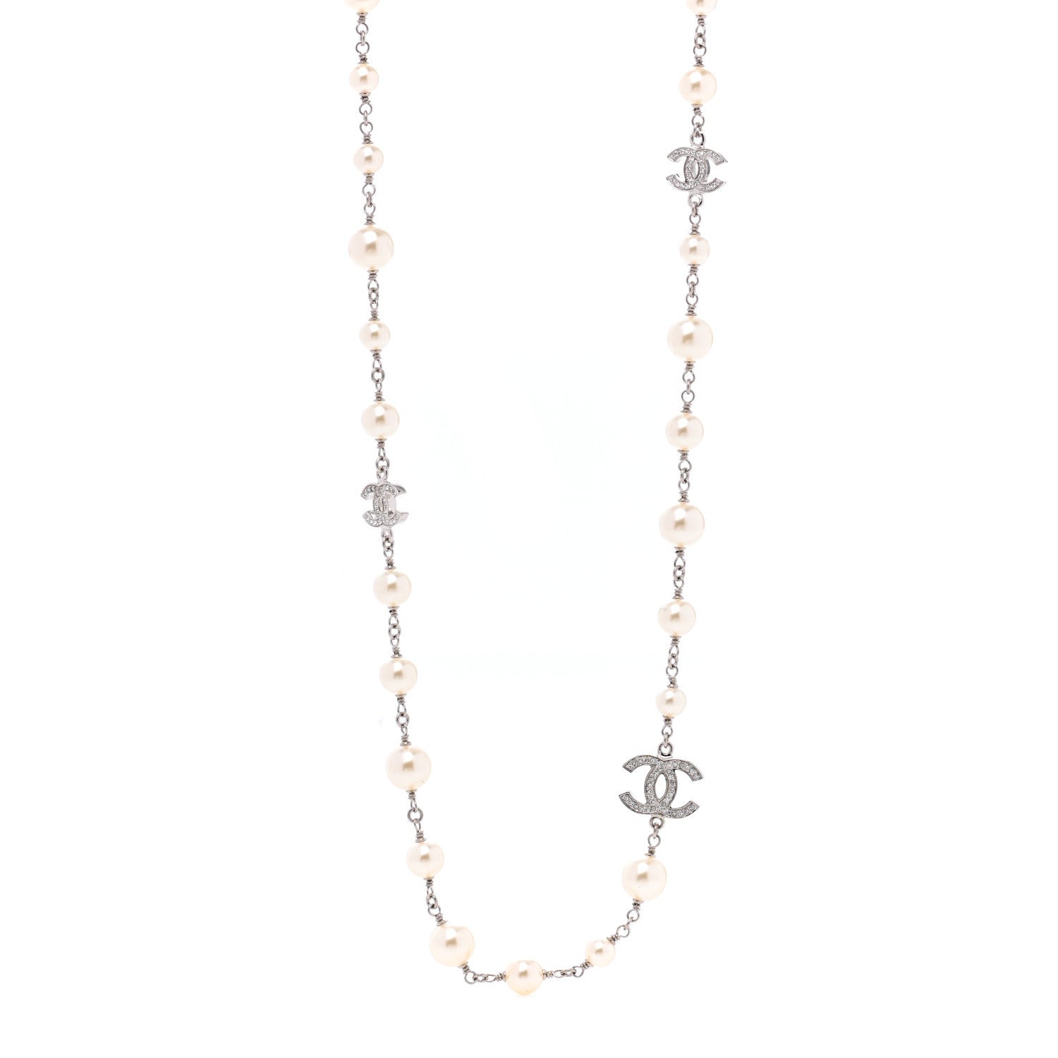 Chanel Crystal Pearl CC Long Necklace Silver 1 of 6