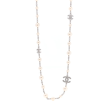 Chanel Crystal Pearl CC Long Necklace Silver 1 of 6