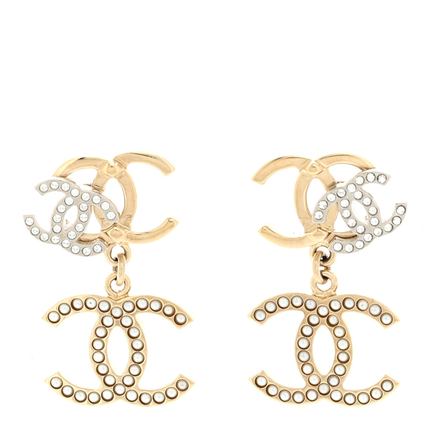 Chanel Crystal Pearl Double CC Drop Earrings Gold Silver 1 of 5