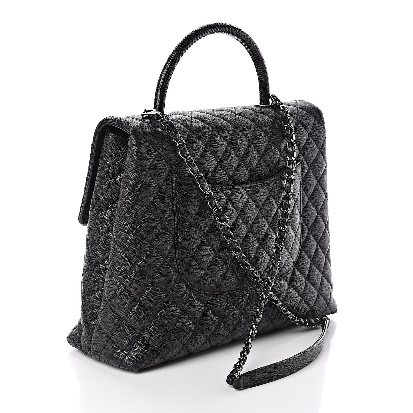Caviar Lizard Quilted Large Coco Handle Flap Black