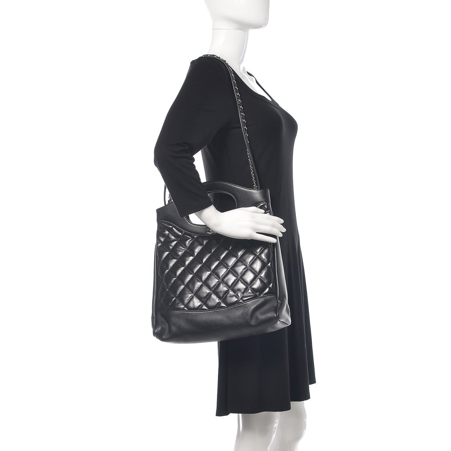 Glazed Lambskin Quilted Small 31 Shopping Bag Black