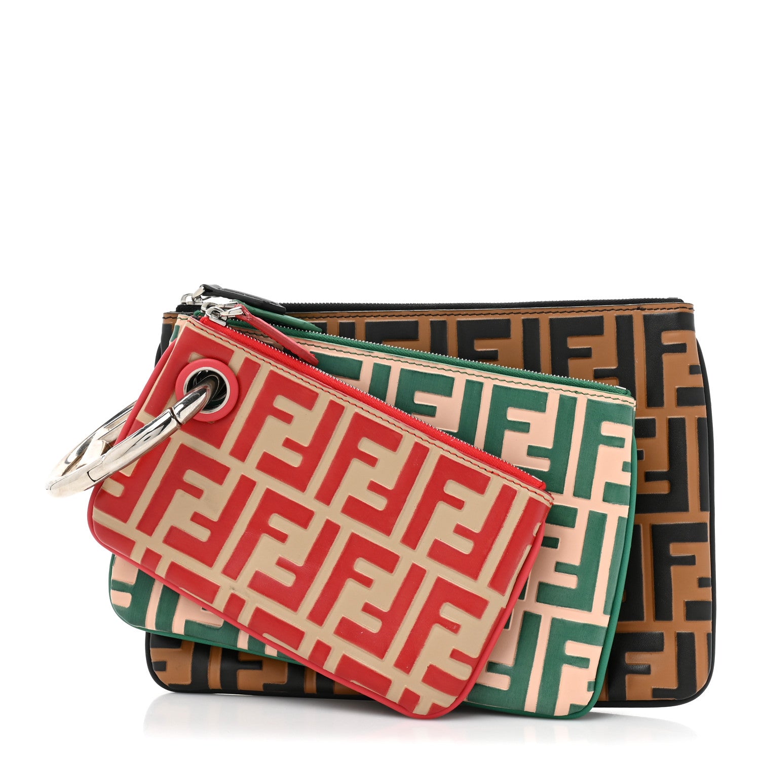 Fendi Vitello Monogram F is Fendi Bi-Color Triplette Pouch Set Brown Green Red 2 of 14