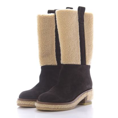 Chanel Shearling Suede Calfskin High Boots 35.5 Brown Beige 3 of 9