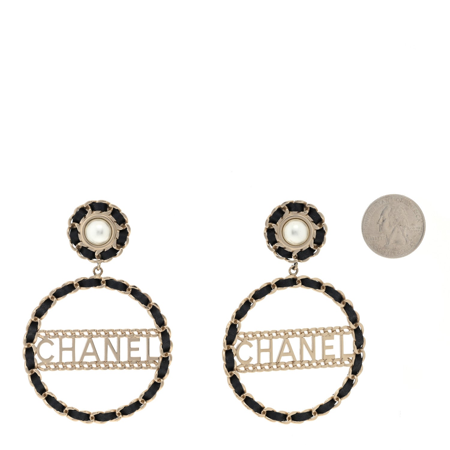 Chanel Pearl Lambskin Chain Logo Hoop Clip On Earrings Black Gold 2 of 4