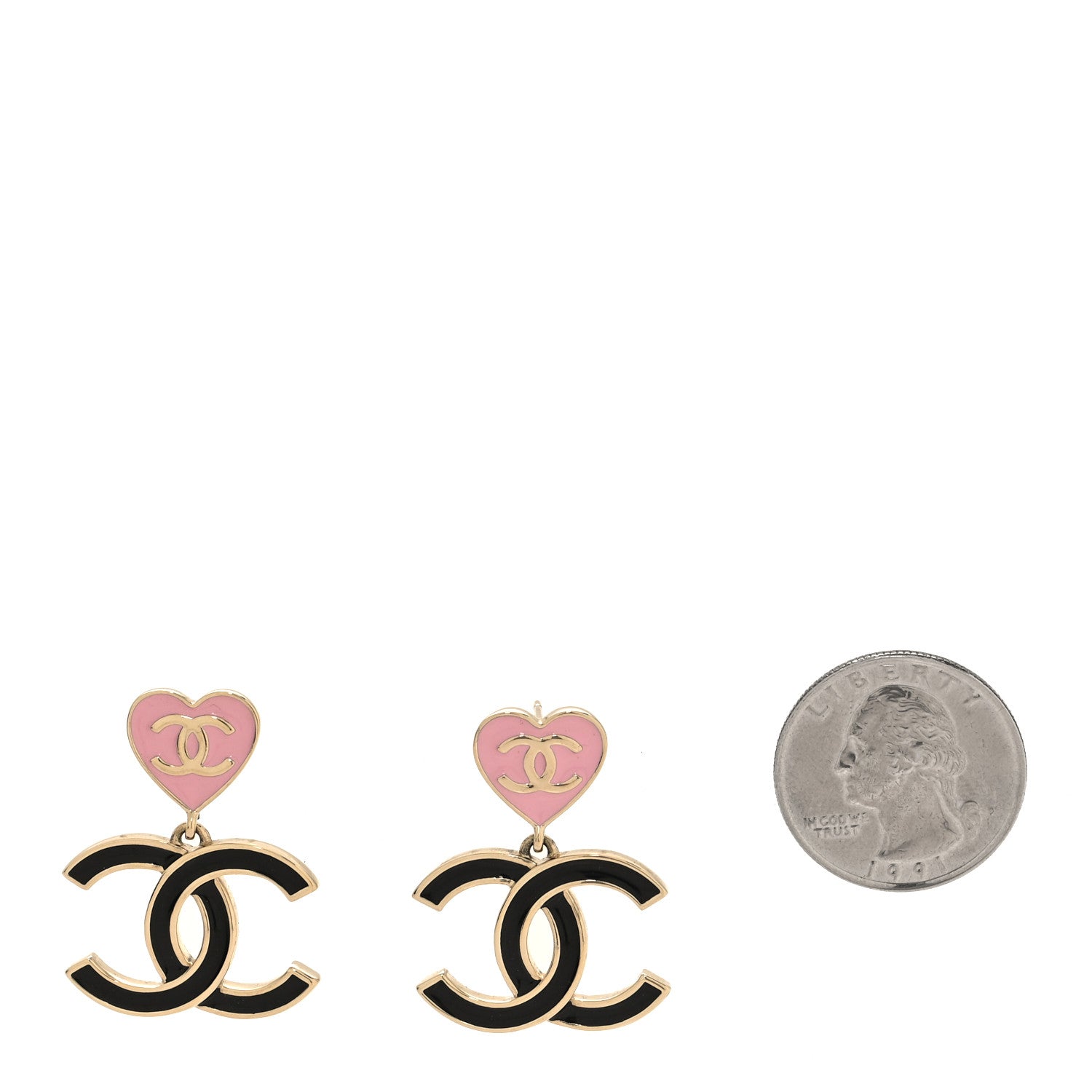 Chanel Metal Enamel CC Heart Drop Earrings Gold Black Pink 2 of 5