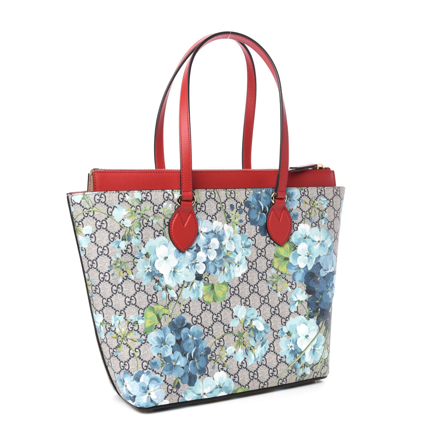 GG Supreme Monogram Blooms Medium Zippered Bucket Tote Beige Blue Navy Hibiscus Red