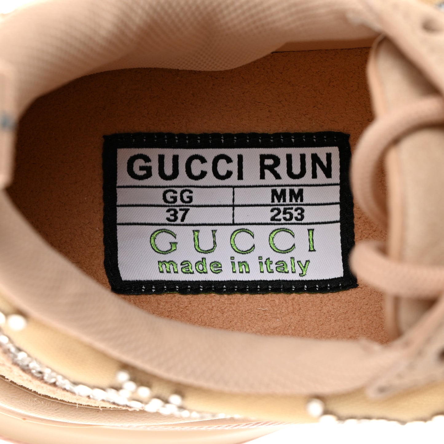 Tela Retino Mesh Crystal Suede GG Monogram Womens Gucci Run Sneakers 37 Light Powder Skin Rose Silver