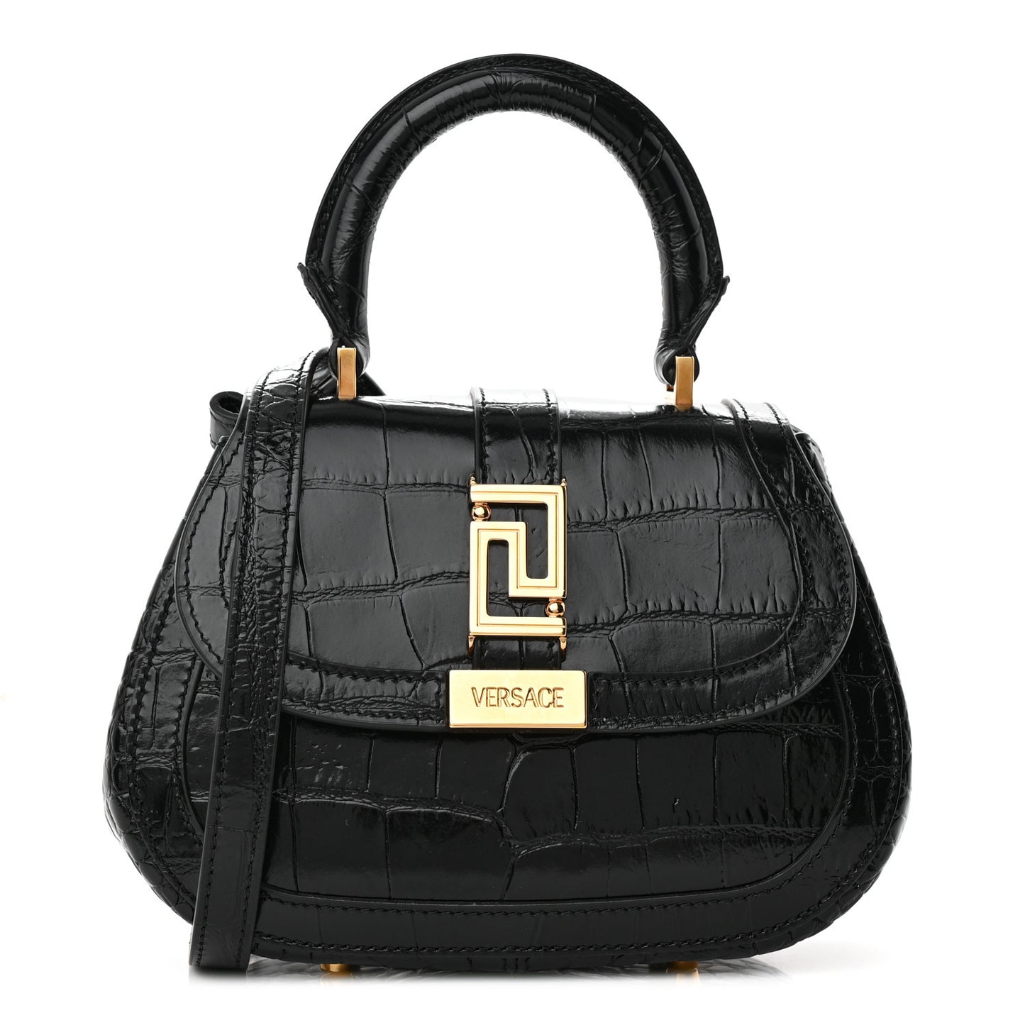 Calfskin Crocodile Embossed Greca Goddess Mini Top Handle Bag Black