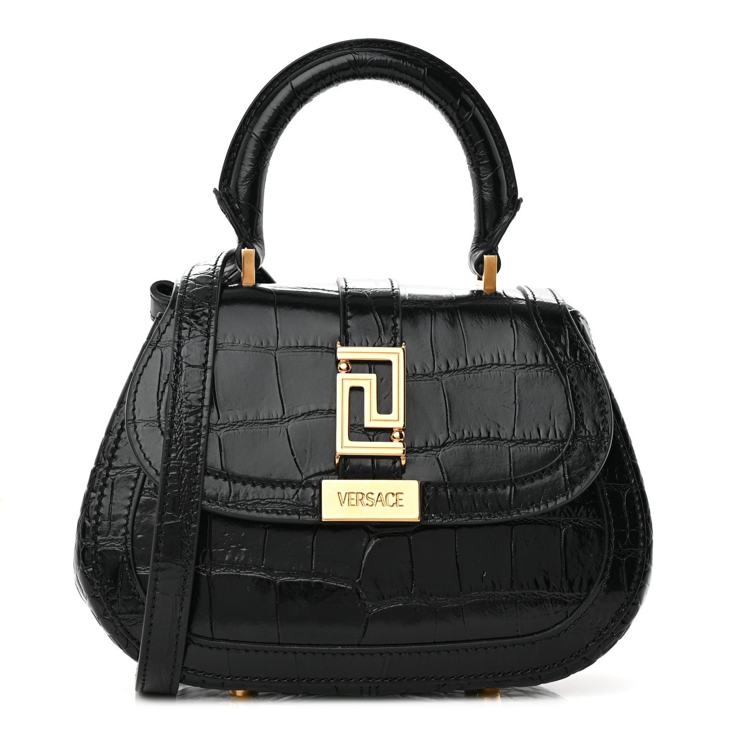 Versace Calfskin Crocodile Embossed Greca Goddess Mini Top Handle Bag Black 1 of 13