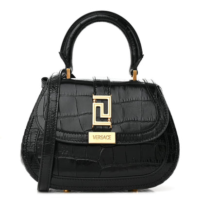 Versace Calfskin Crocodile Embossed Greca Goddess Mini Top Handle Bag Black 1 of 13