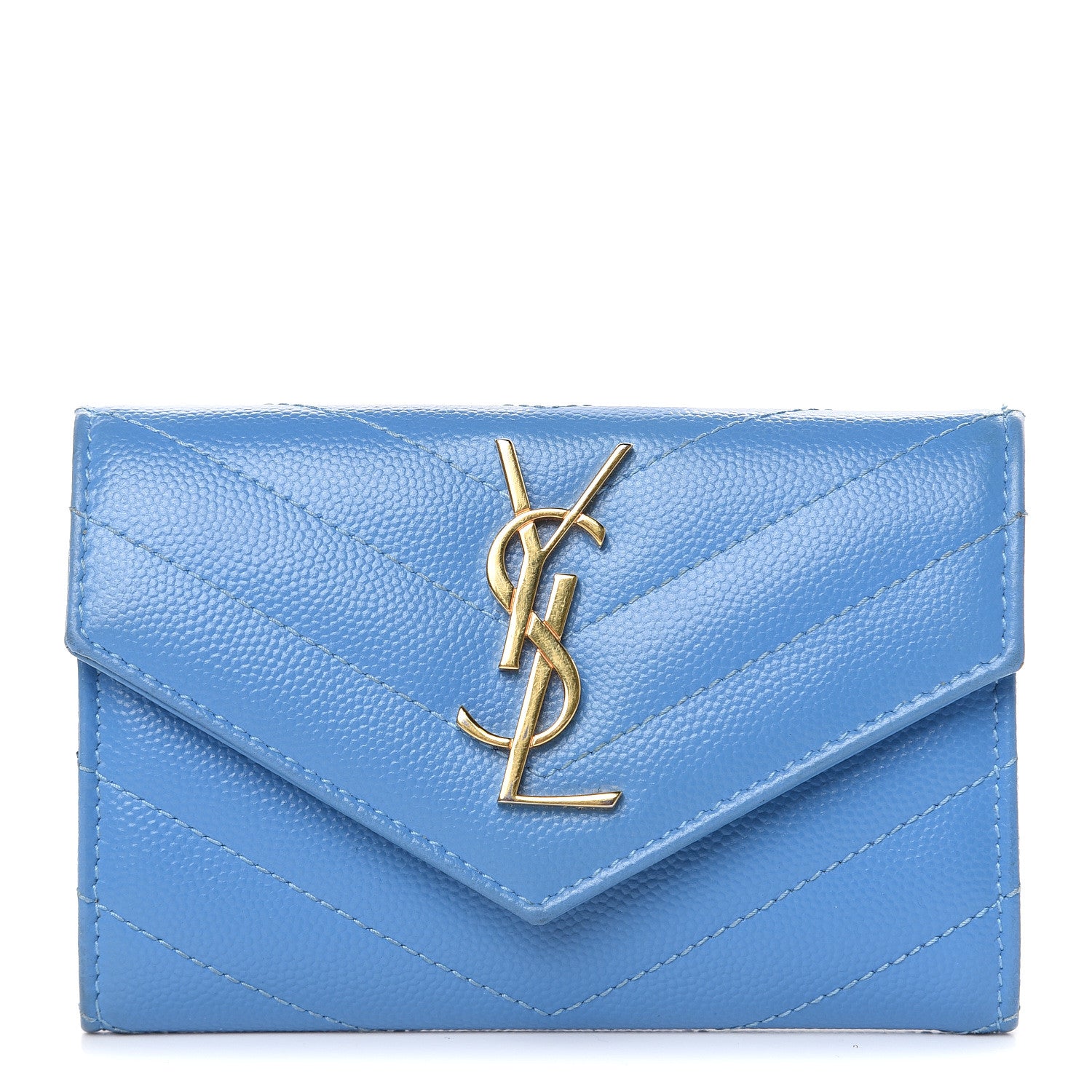 Saint Laurent Grain de Poudre Matelasse Chevron Small Monogram Wallet Blue Clair 1 of 13