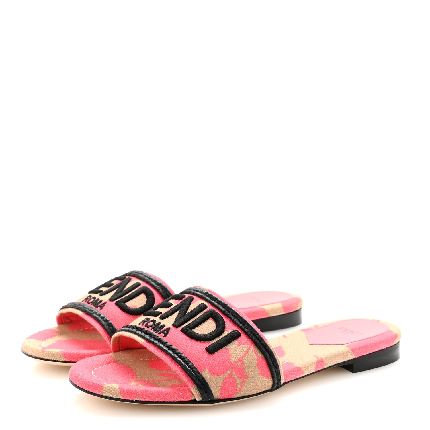 Fendi Canvas Rose Logo Embroidered Flat Slide Sandals 36.5 Kissed Black 4 of 9