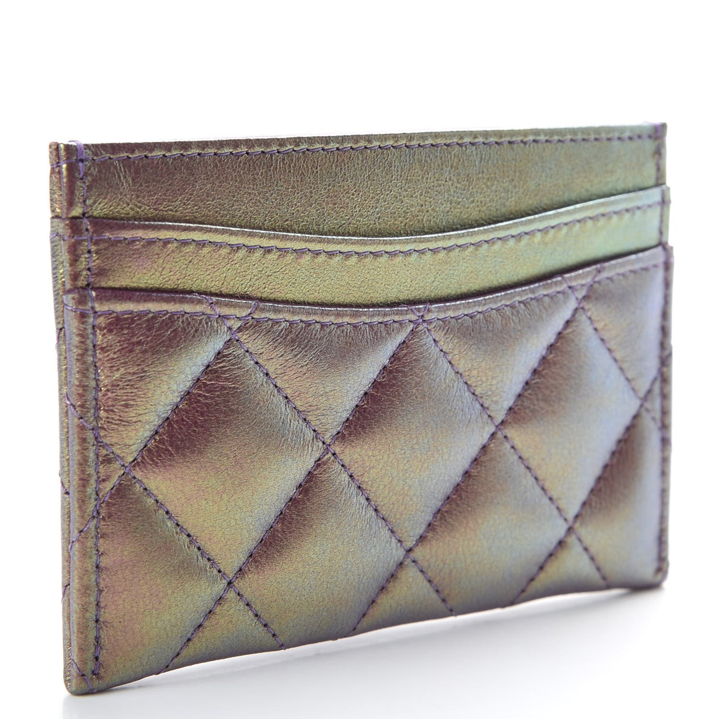 Metallic Lambskin Quilted Card Holder Purple