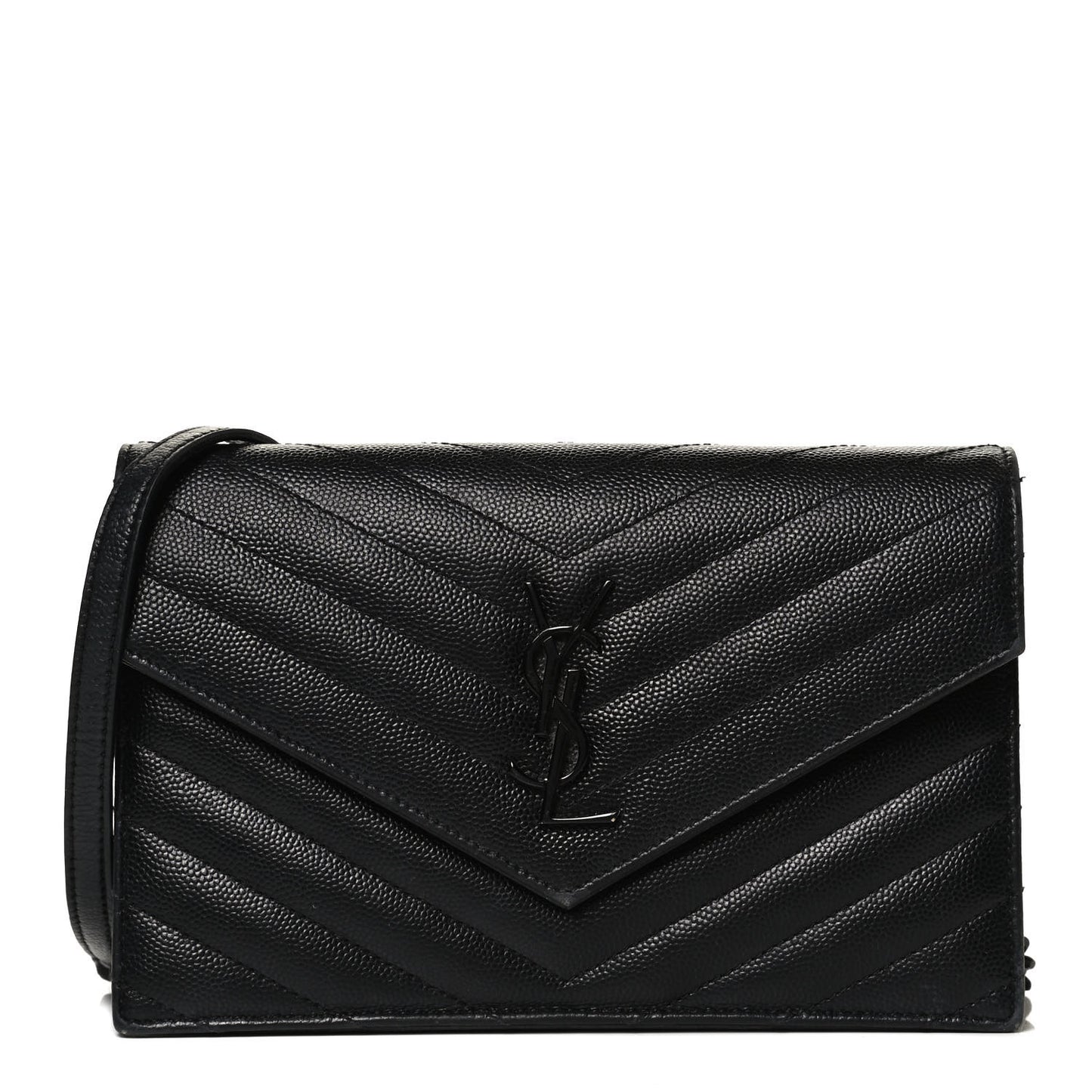 Grain De Poudre Matelasse Chevron Monogram Envelope Chain Wallet Black
