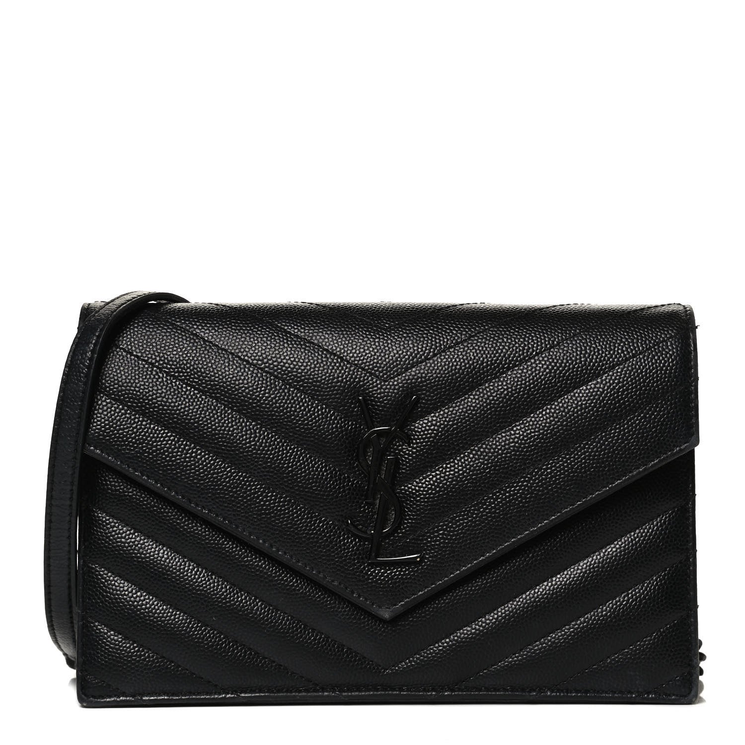 Saint Laurent Grain De Poudre Matelasse Chevron Monogram Envelope Chain Wallet Black 1 of 12