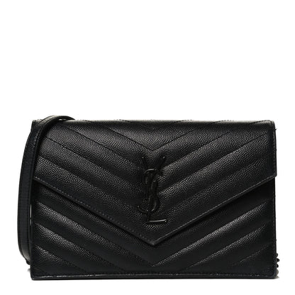 Saint Laurent Grain De Poudre Matelasse Chevron Monogram Envelope Chain Wallet Black 1 of 12