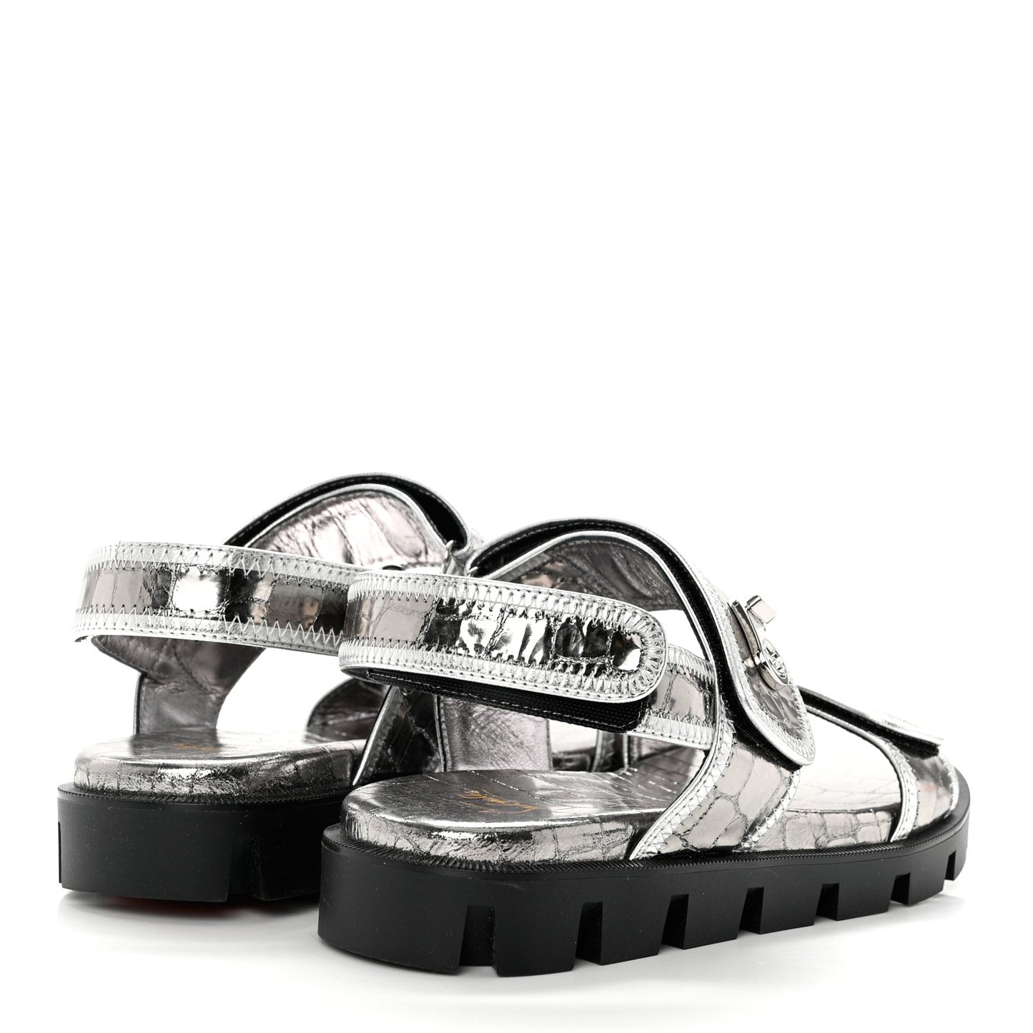 Metallic Calfskin Alligator Embossed Nappa Lock Cool Flat Sandals 37 Silver