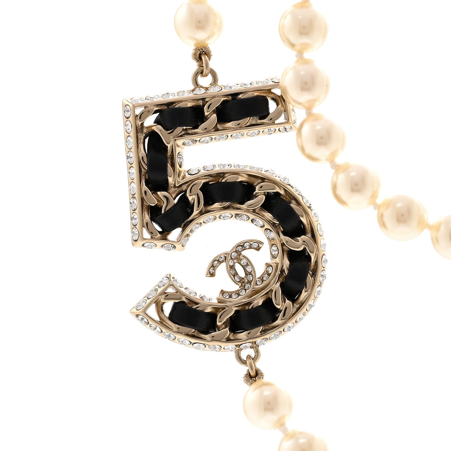 Pearl Crystal Lambskin Chain CC No 5 Long Necklace Gold
