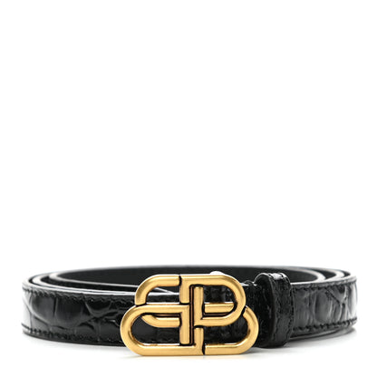 Balenciaga Shiny Calfskin Crocodile Embossed BB 15mm Thin Belt 75 30 Black 1 of 8