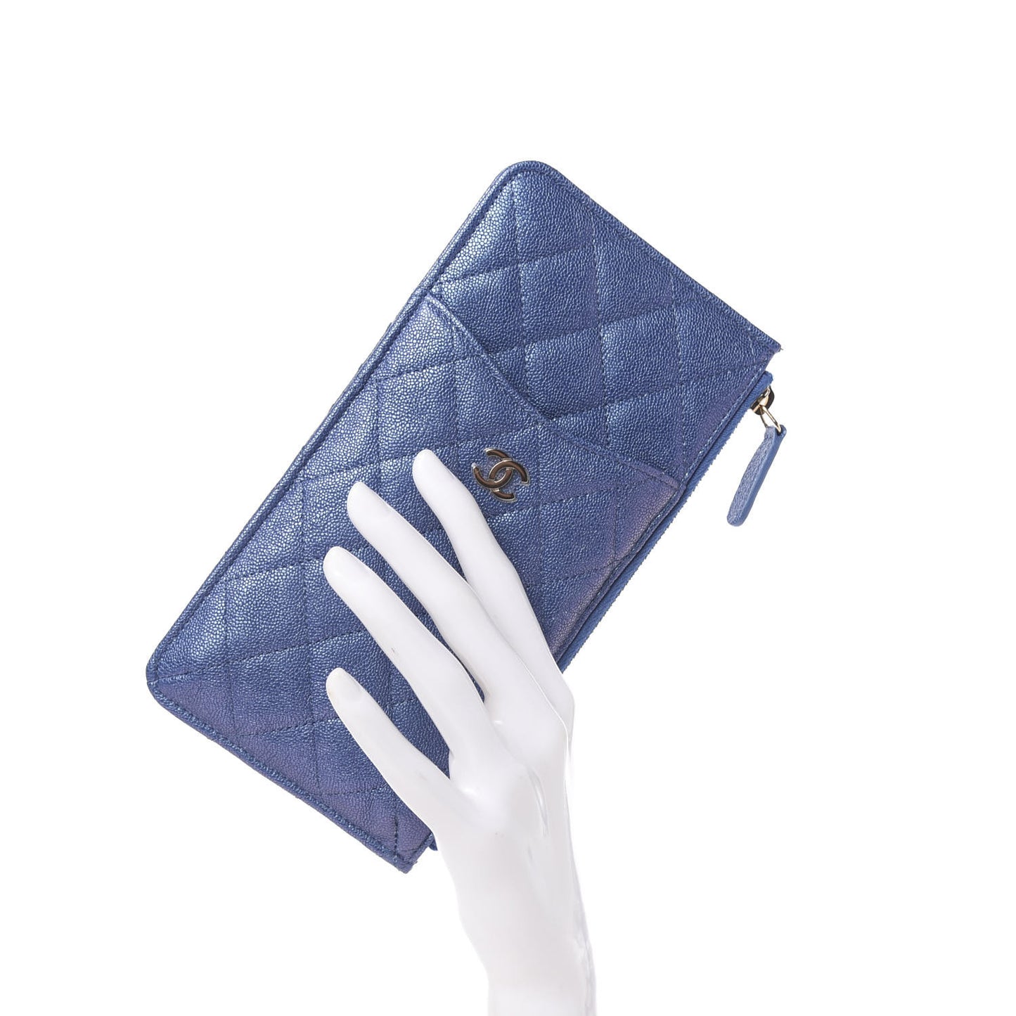 Iridescent Caviar Quilted Classic Flat Wallet Pouch Dark Blue