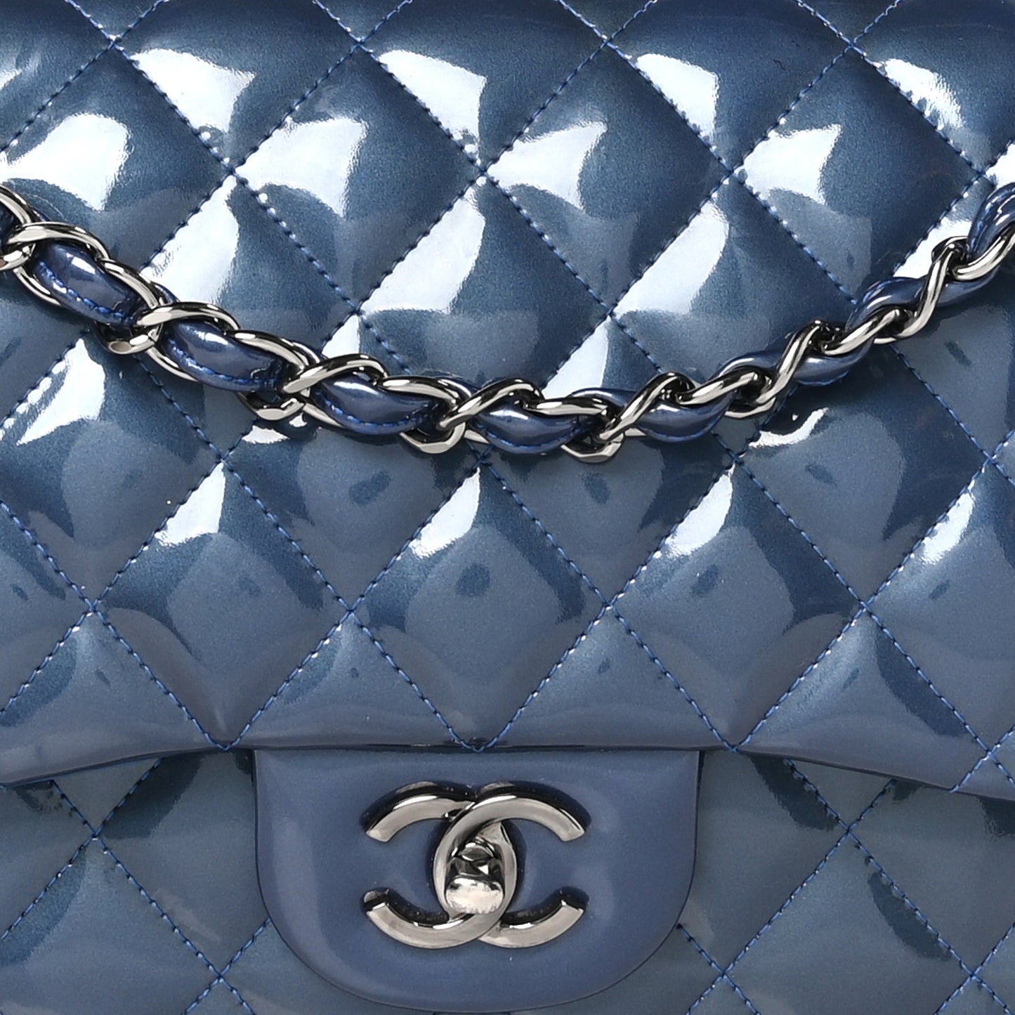 Patent Calfskin Quilted Jumbo Double Flap Blue