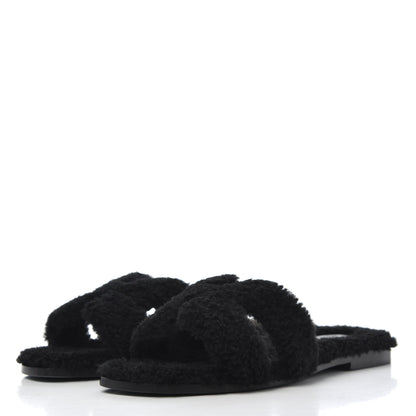 Hermes Woolskin Oran Sandals 39.5 Black 3 of 12