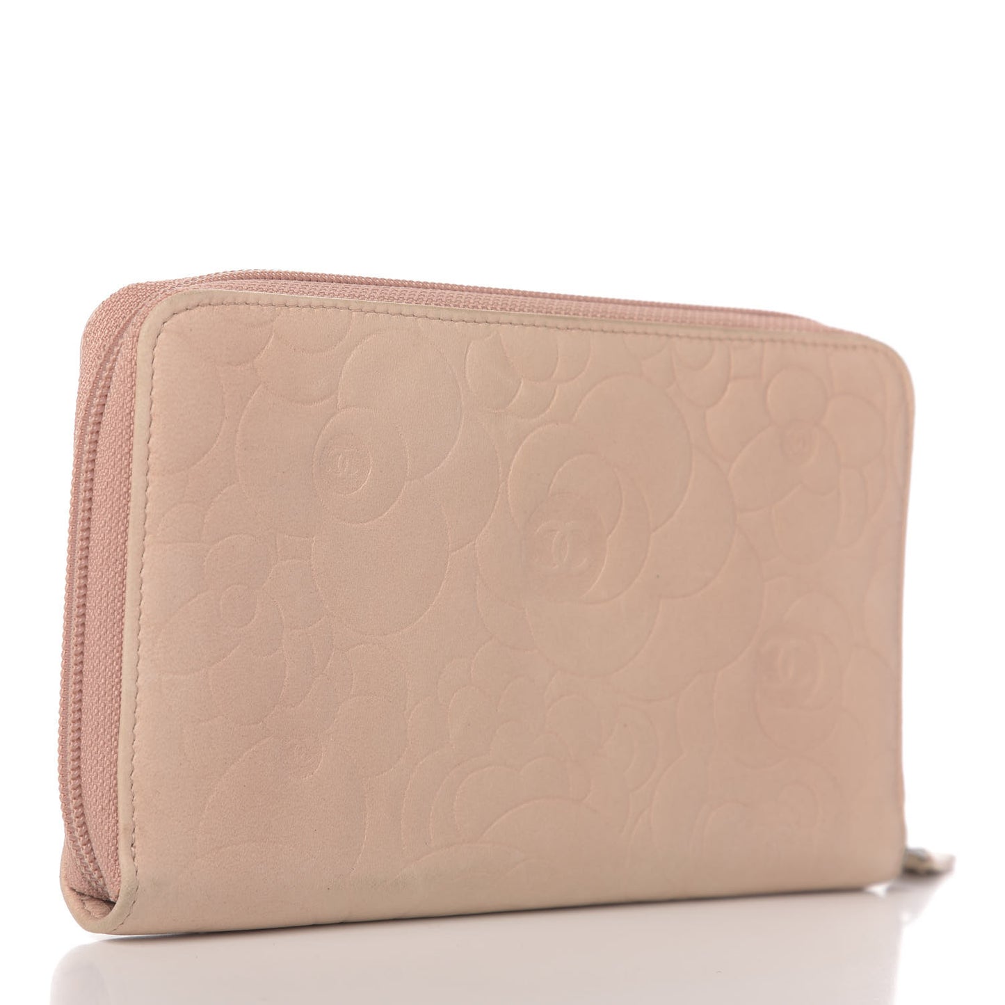 Lambskin Camellia Embossed Zip Around Organizer Wallet Pink