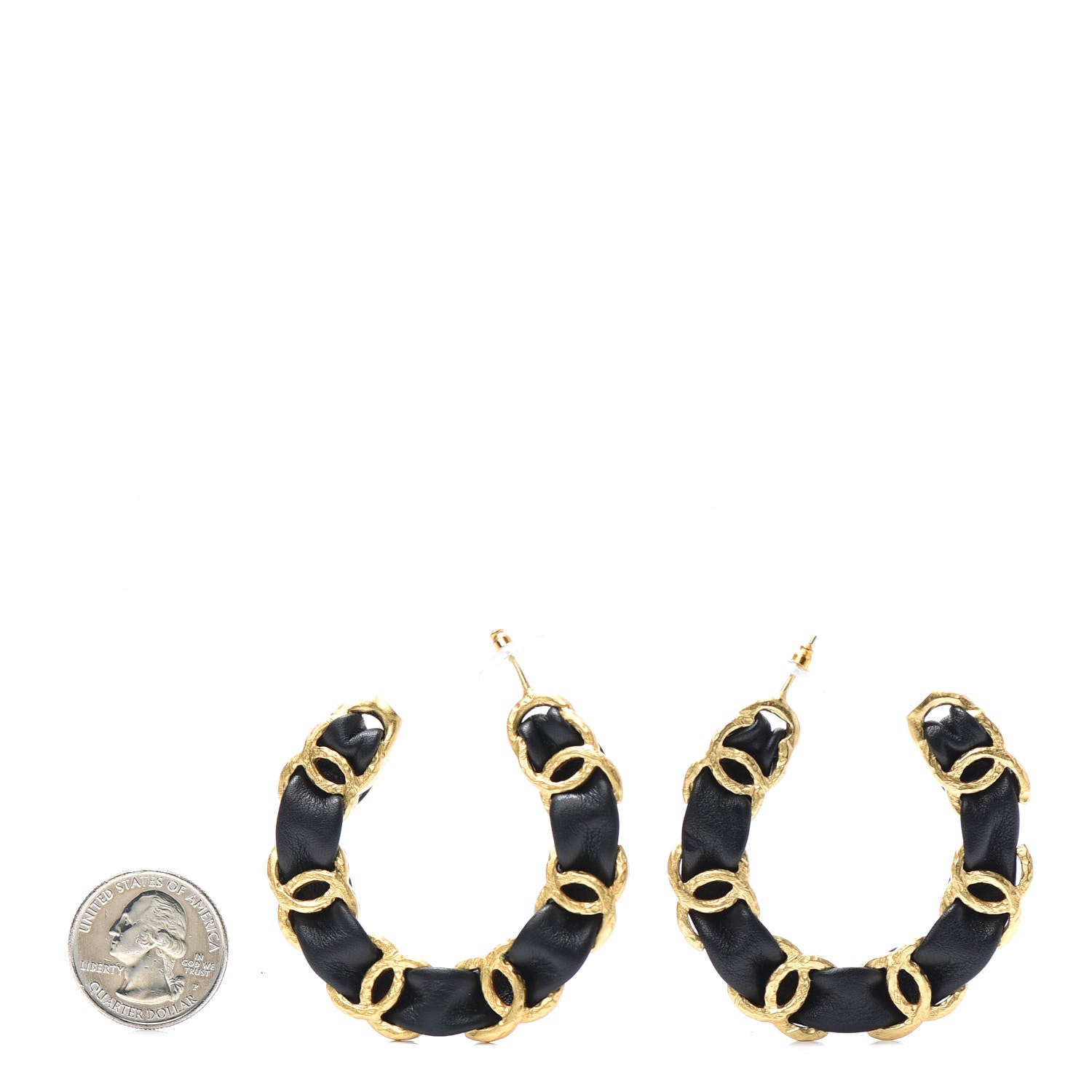 Chanel Lambskin CC Chain Hoop Earrings Gold Black 2 of 4
