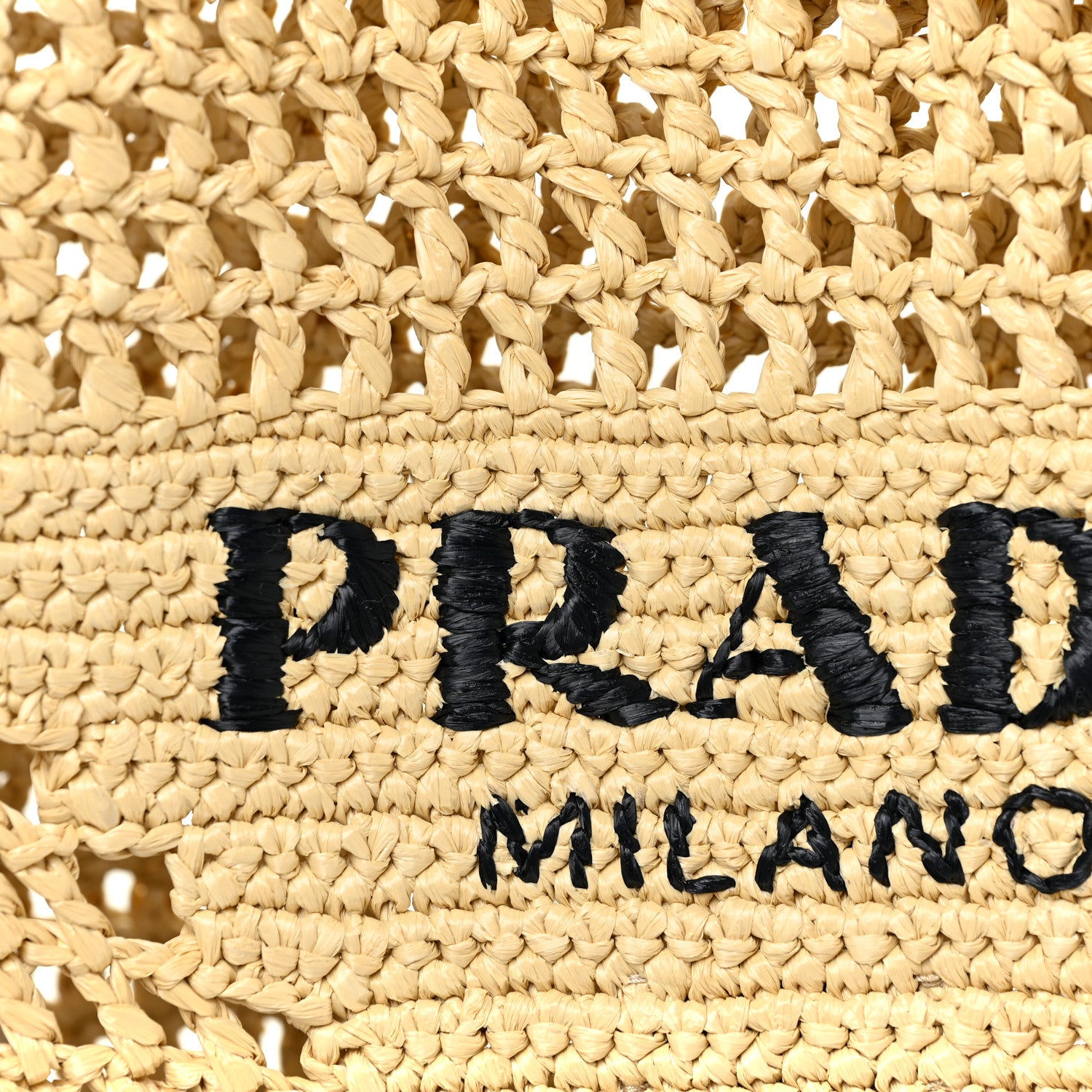 Prada Yarn Raffia Effect Crochet Logo Embroidered Shopping Tote Bag Naturale 7 of 9