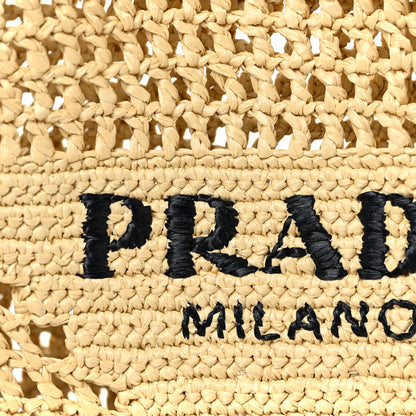 Prada Yarn Raffia Effect Crochet Logo Embroidered Shopping Tote Bag Naturale 7 of 9