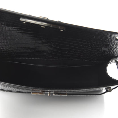 Saint Laurent Shiny Calfskin Crocodile Embossed Manhattan Baguette Black 5 of 9