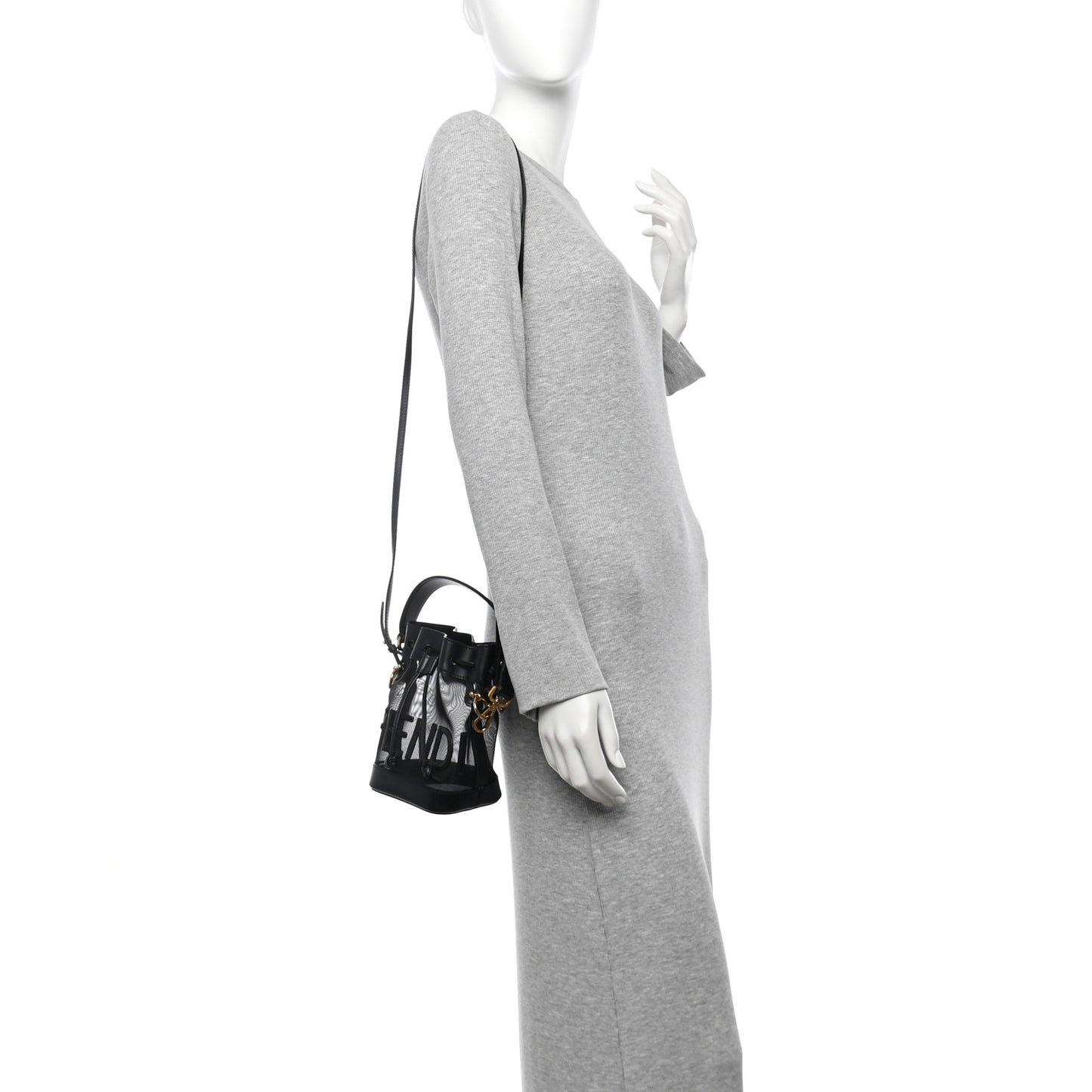 Mesh Vitello King F is Fendi Logo Embroidered Mini Mon Tresor Bucket Bag Black
