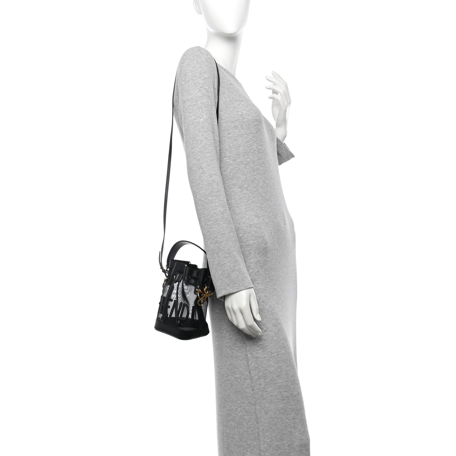Fendi Mesh Vitello King F is Fendi Logo Embroidered Mini Mon Tresor Bucket Bag Black 2 of 9