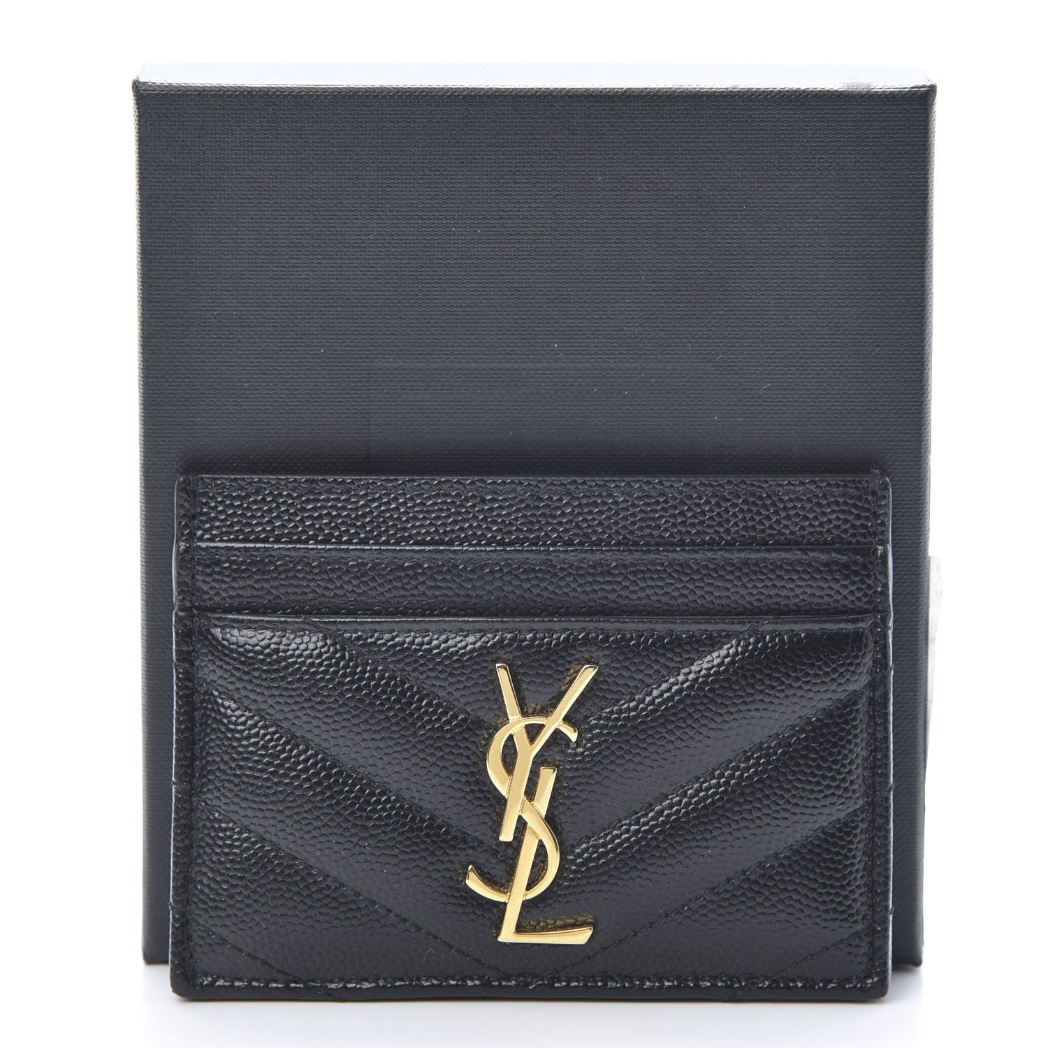 Saint Laurent Grain De Poudre Matelasse Chevron Monogram Credit Card Case Black 8 of 8
