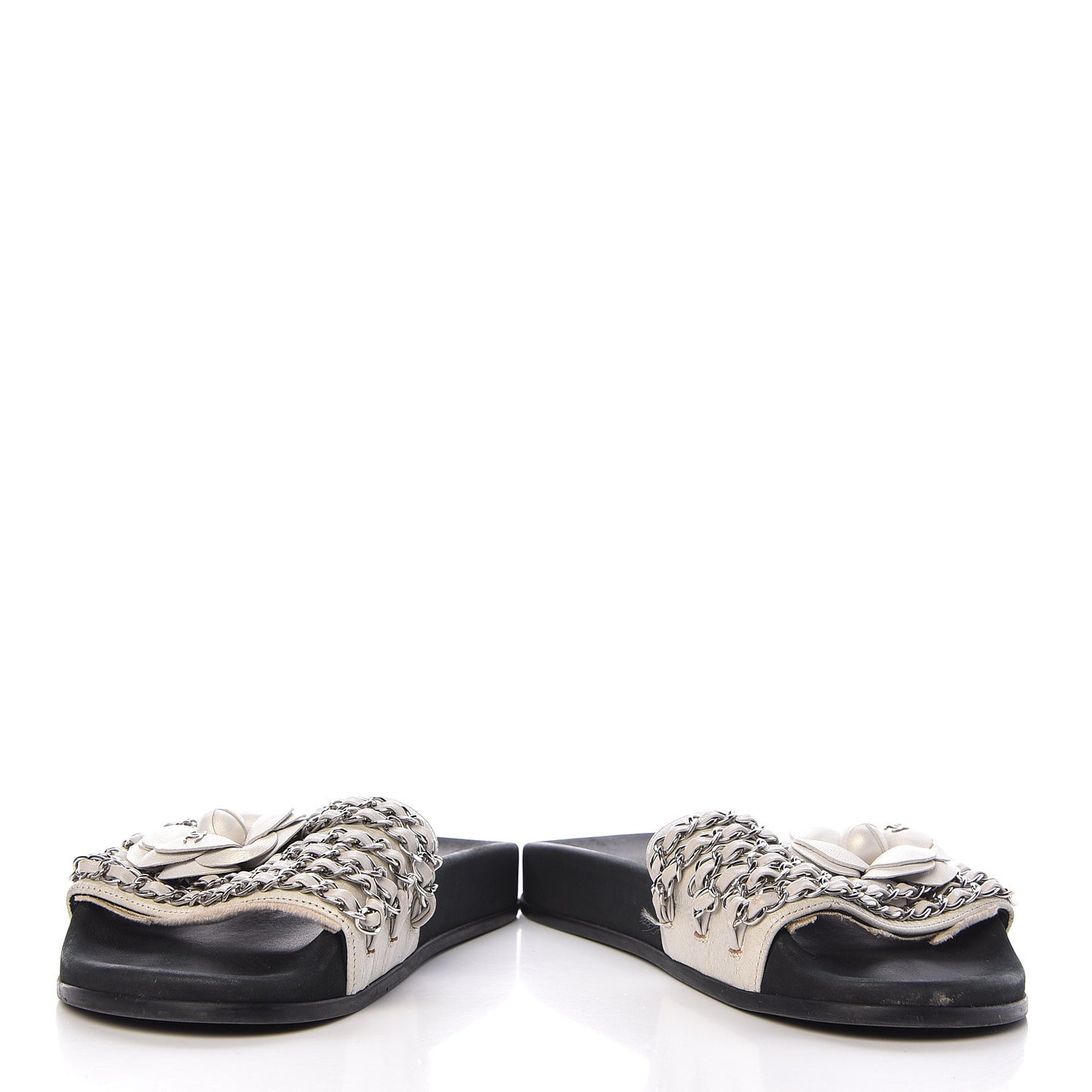 Lambskin Chain Camellia Flat Sandals 36 White