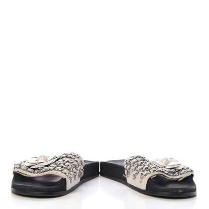 Chanel Lambskin Chain Camellia Flat Sandals 36 White 5 of 13