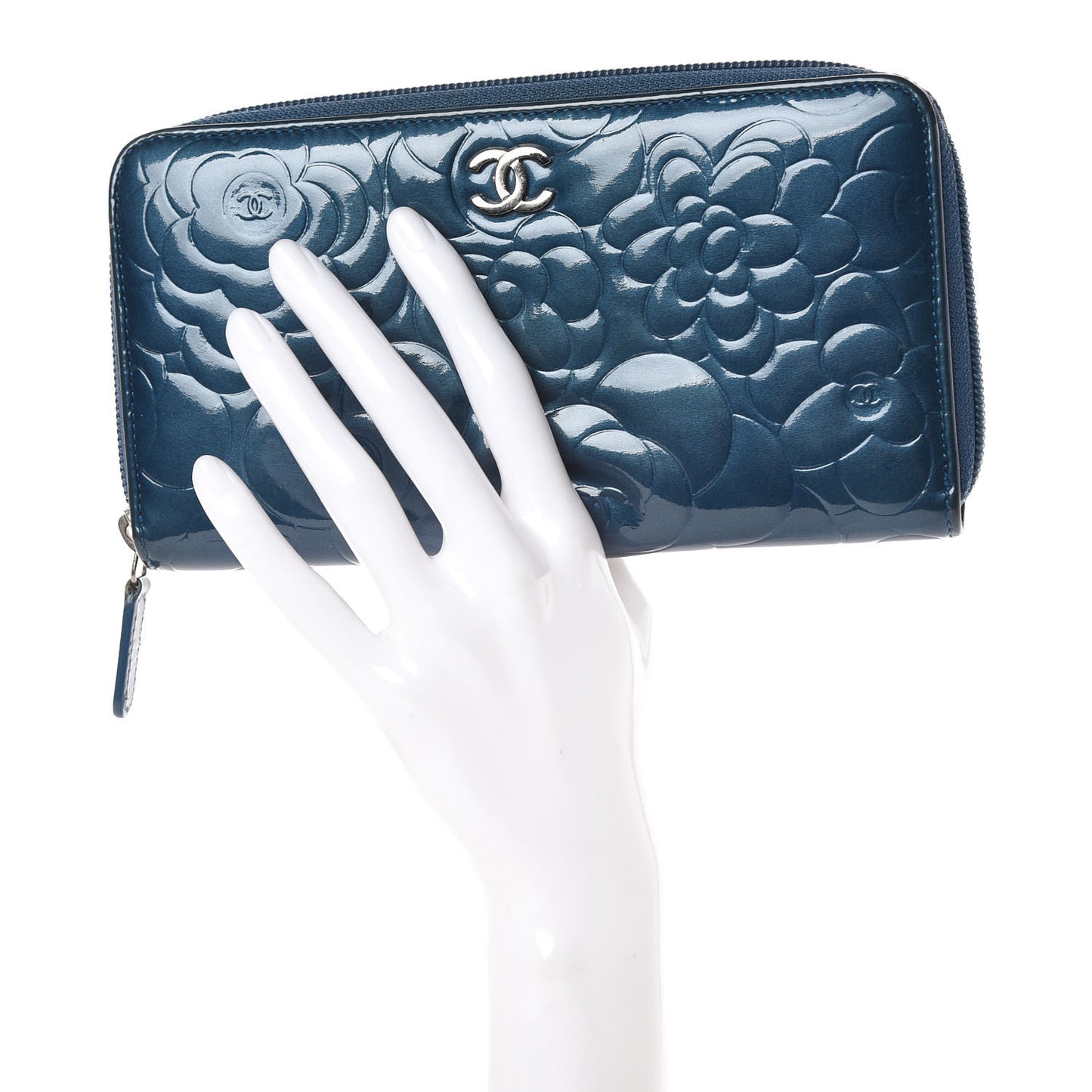 Patent Camellia Embossed Large Gusset Zip Around Wallet Blue