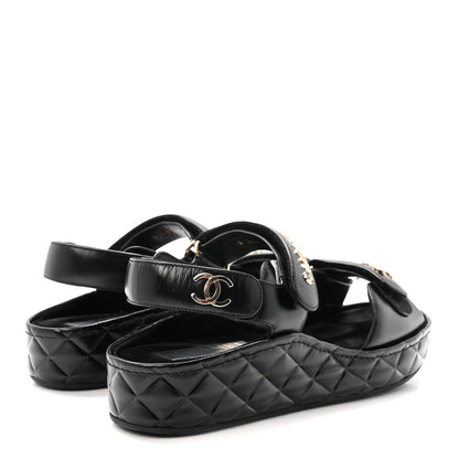 Chanel Shiny Calfskin Logo Platform Sandals 38 Black 5 of 10