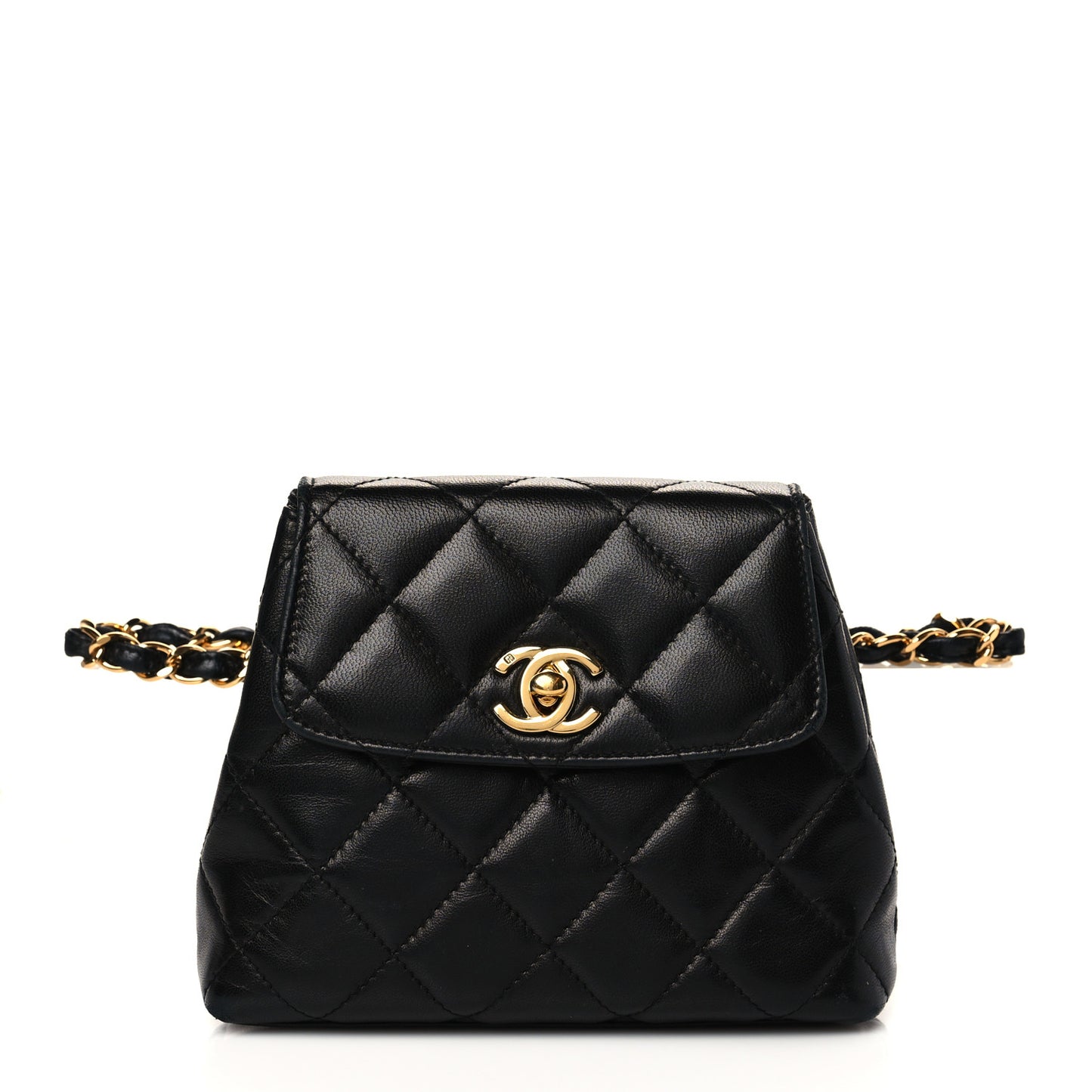 Lambskin Quilted Flap Waist Belt Bag Black