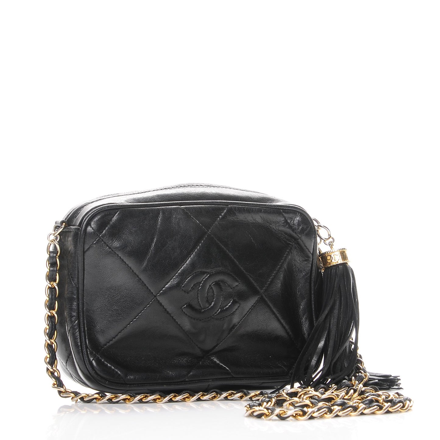 Lambskin Quilted Tassel Camera Case Black