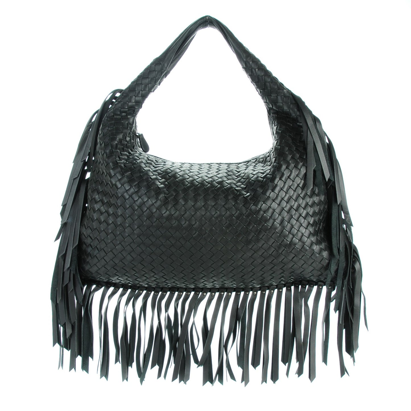 Nappa Intrecciato Veneta Large Fringed Hobo Nero Black