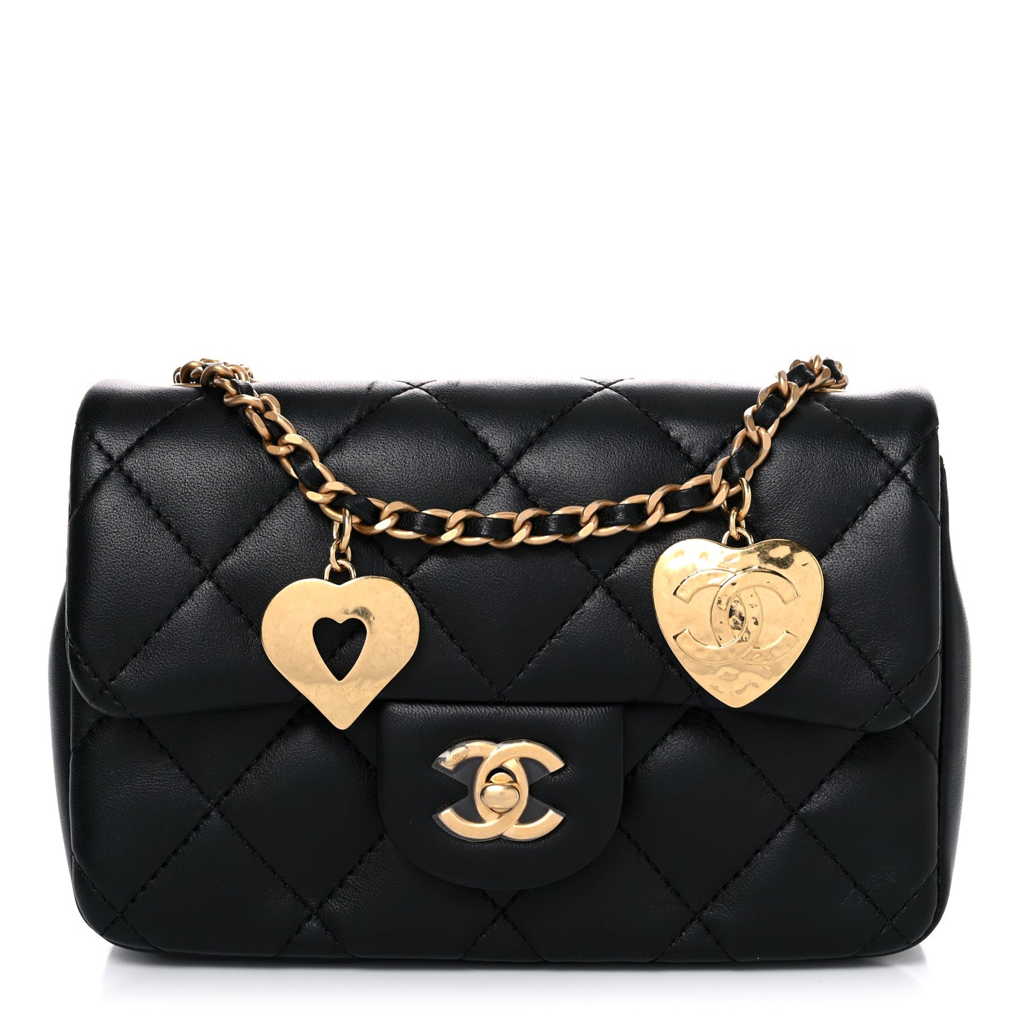 Lambskin Quilted Mini Heart Charms Flap Black