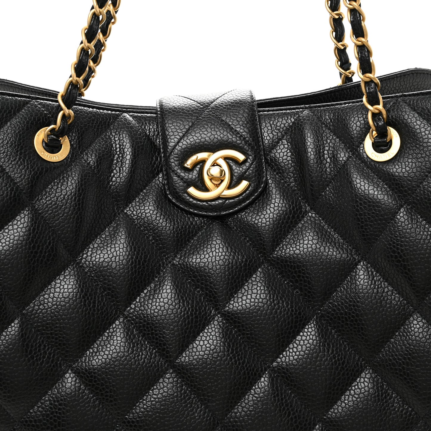 Metallic Grained Calfskin Quilted Shopping Tote Black
