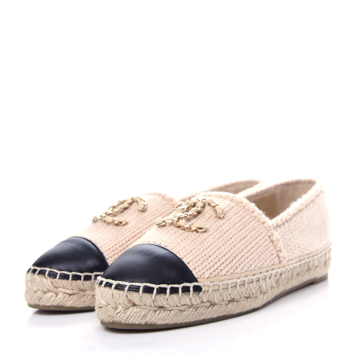 Knitted Wool Lambskin Chain CC Espadrilles 36 Beige Black
