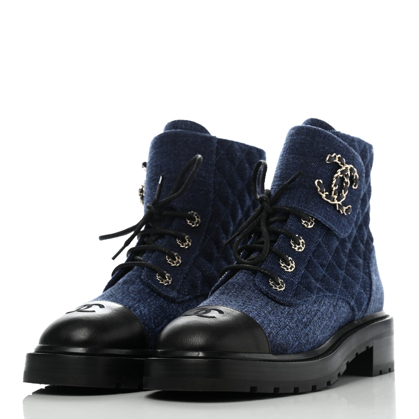 Shiny Calfskin Velvet Quilted Lace Up Combat Boots 40 Blue Black