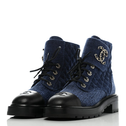 Chanel Shiny Calfskin Velvet Quilted Lace Up Combat Boots 40 Blue Black 3 of 9