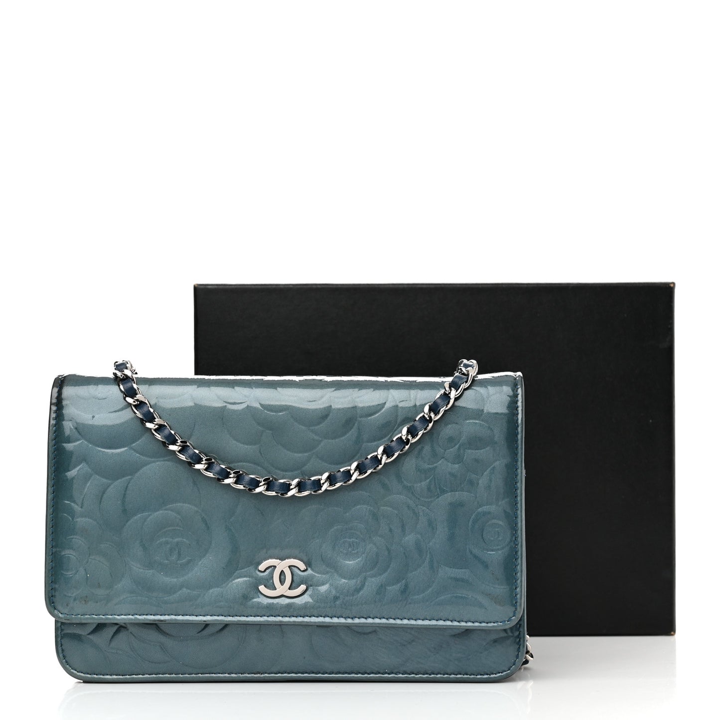 Patent Camellia Wallet on Chain WOC Royal Blue