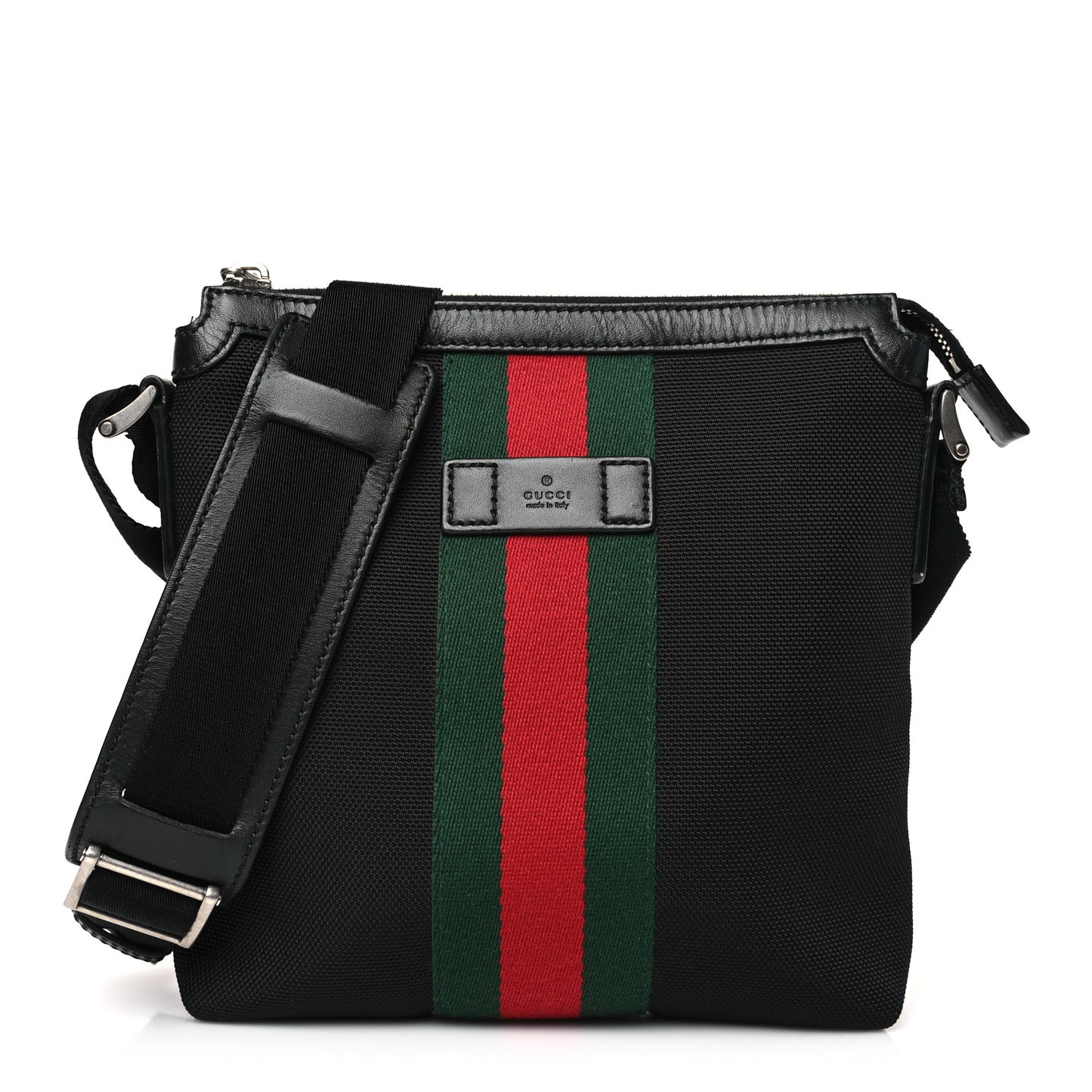 Techno Canvas Selleria Calfskin Web Small Flat Messenger Bag Black