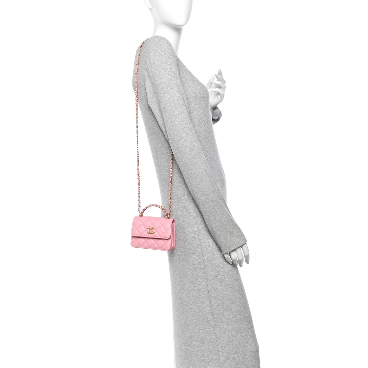 Lambskin Quilted Chain Top Handle Clutch With Chain Light Pink
